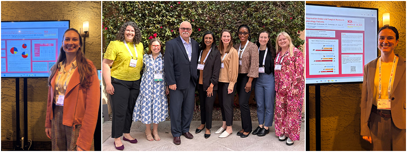 Collage of three photos: left, a person stands in front of an academic poster; center, eight people wearing conference lanyards stand in a row in front of a green, leafy hedge; right, a person stands next to an academic poster.
