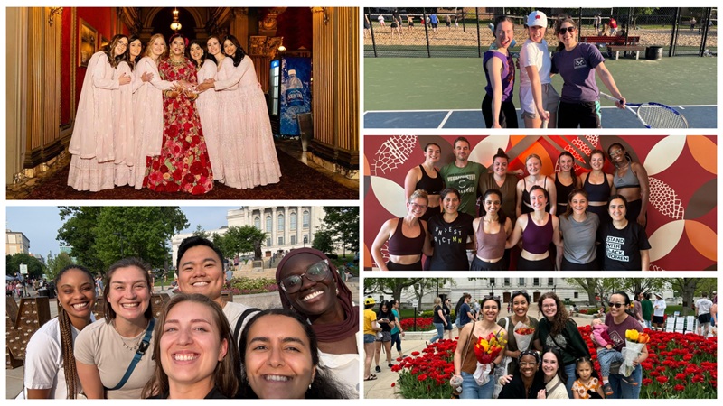 Decorative collage of residents enjoying Madison activities, exercising together, and attending a wedding