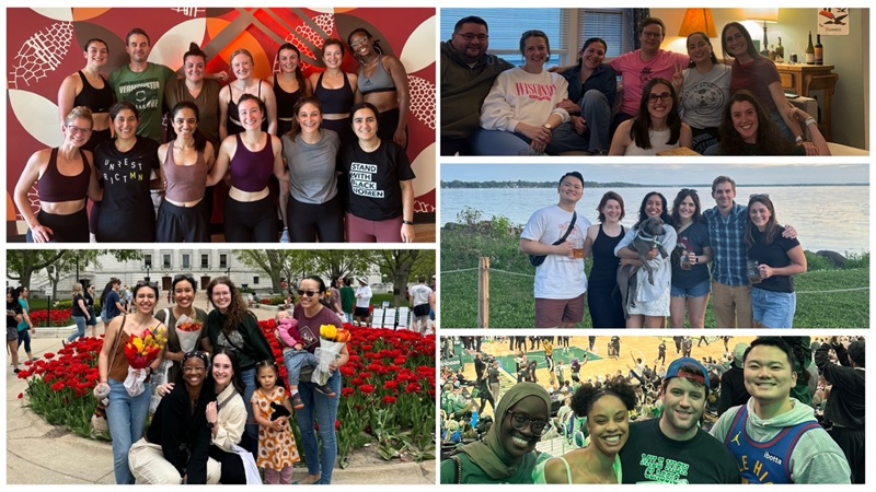 Decorative collage of residents at a yoga class, by a lake, at a Milwaukee Bucks game, at the farmers' market, and relaxing in an apartment