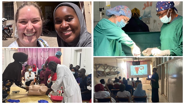 Collage of four photos representing the Department of Ob-Gyn global health residency rotation. Clockwise from top left: two people standing in front of a rural hospital, smiling; two people wearing scrubs and masks using surgical tools; one person lectures a large group of seated people; two people work together on a simulation model of a pelvis while others watch.